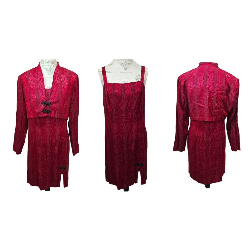 Vintage Dawn Joy Red Floral Print Sleeveless Slit Front Dress w. Shrug Jacket